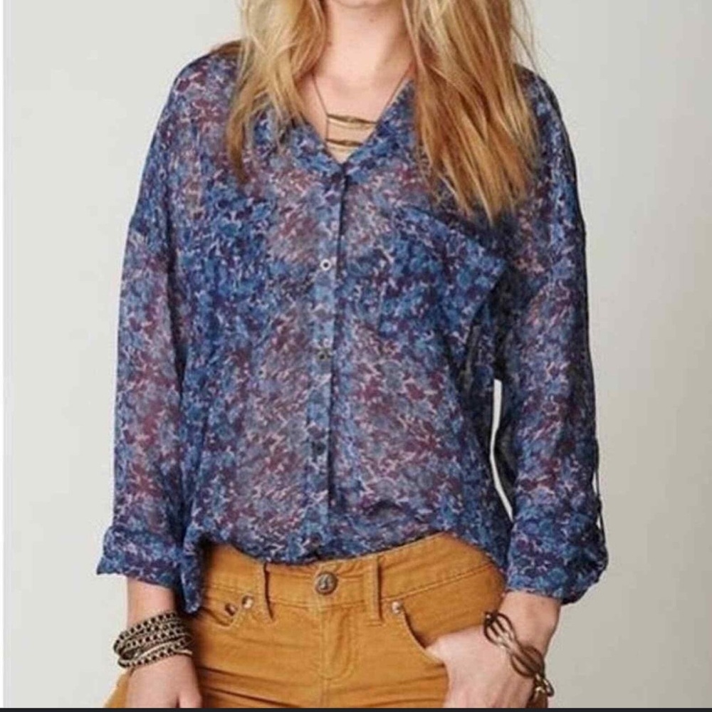 Free People Purple and Blue Floral Hippie Lo Hi Blouse Whimsical Blouse SZ M